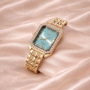 Luxury Gold Rectangular Watch with Blue Dial & Crystal Bezel